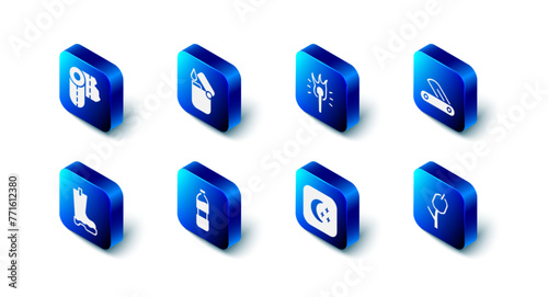 Set Lighter, Torch flame, Swiss army knife, Marshmallow on stick, Moon and stars, Bottle of water, Waterproof rubber boot and Paper towel roll icon. Vector