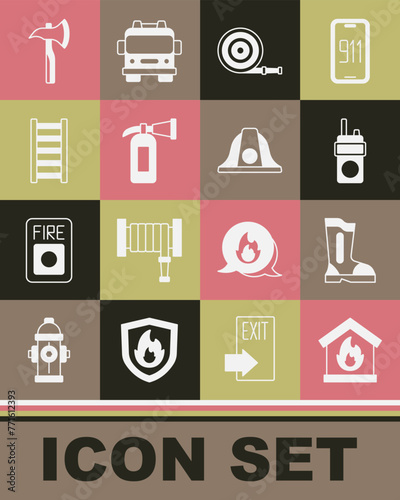 Set Fire in burning house, boots, Walkie talkie, hose reel, extinguisher, escape, Firefighter axe and helmet icon. Vector