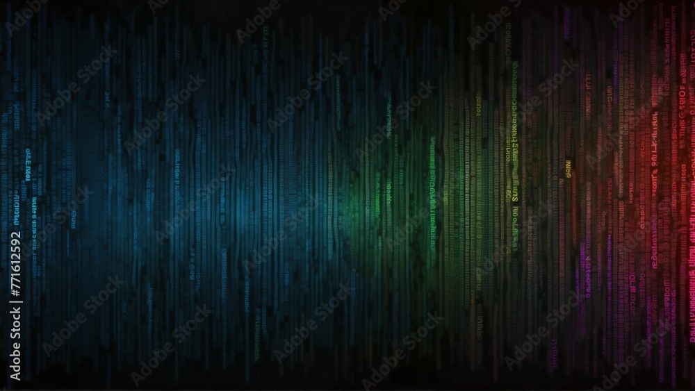 Dark abstract technology background with rainbow stripes of computer data IT web coding style lines in multi colors on black background - obrazy, fototapety, plakaty 