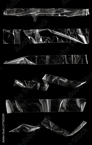 many single twisted transparent adhesive tape or strips isolated on black background, crumpled plastic snips, poster design overlays or elements, ai generated.
