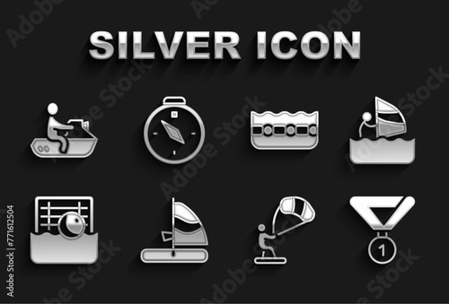 Set Windsurfing, Medal, Kitesurfing, Water polo, Swimming pool, Jet ski and Compass icon. Vector photo