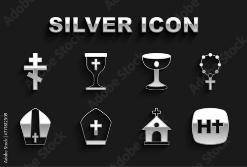 Set Pope hat, Rosary beads religion, Christian cross, Church building, chalice, and icon. Vector
