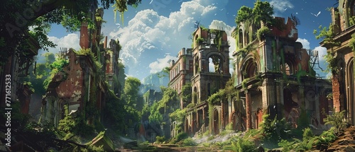 Exploring the eerie silence of a deserted city, with nature reclaiming the ruins