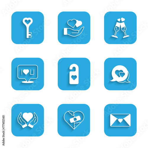 Set Please do not disturb with heart, Healed broken or divorce, Envelope Valentine, Heart speech bubble, hand, Speech text I love you, Glass of champagne and Key shape icon. Vector