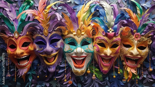 A row of colorful masks with one smiling and the others frowning. Scene is playful and lighthearted