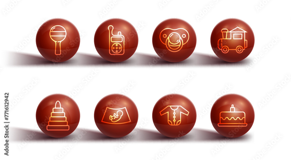 Set line Rattle baby toy, Pyramid, Toy train, Baby clothes, Ultrasound of, Monitor Walkie Talkie, Cake with burning candles and dummy pacifier icon. Vector Set line Rattle baby toy, Pyramid, Toy train, Baby clothes, Ultrasound of, Monitor Walkie Talkie, Cake with burning candles and dummy pacifier icon. Vector
