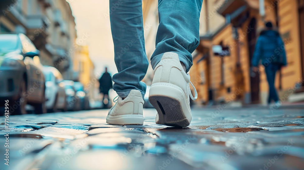 A group of people walking down a city street lined with tall buildings A group of people walking down a city street lined with tall buildings
