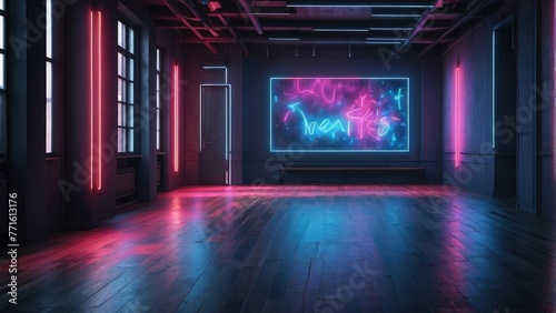 Neon Fusion Modern Empty Hall Illuminated with Vibrant Neon Paints