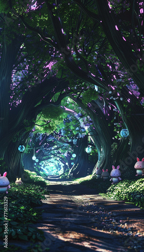 A pathway lined with ancient trees, under which kawaii, human-like animals parade, their path lit by gentle laser lights, leading to the mysterious Eighteenth Dimension, inviting exploration.