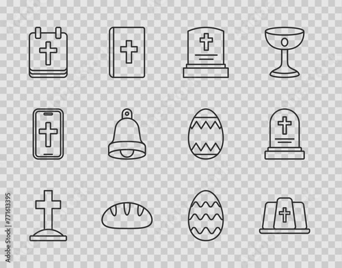 Set line Grave with cross, Pope hat, tombstone, Christian bread, Calendar Easter, Church bell, egg and icon. Vector