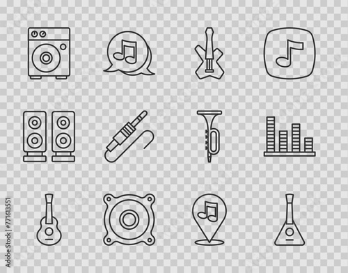 Set line Guitar, Balalaika, Electric bass guitar, Stereo speaker, amplifier, Audio jack, Location musical note and Music equalizer icon. Vector