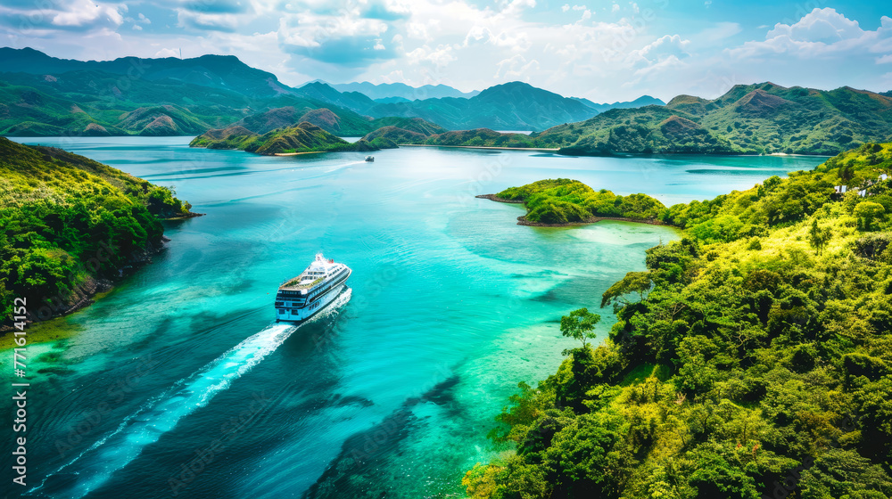 A boat cruises through a bay surrounded by towering mountains in the tropics - obrazy, fototapety, plakaty 
