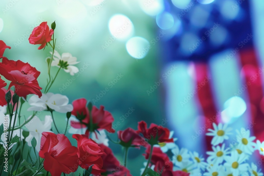 Obraz premium Artistic interpretation of poppies on a flag, ideal for creative expression and patriotic themes., Memorial day close up background, illustration, Veteran's day, Independence day