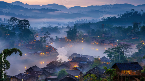 A village surrounded by dense fog in the heart of a forest  creating an eerie and mysterious atmosphere