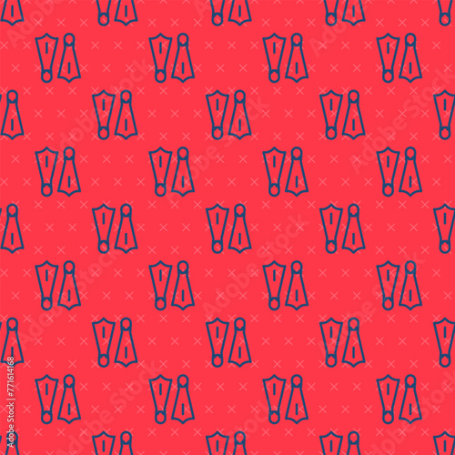 Blue line Rubber flippers for swimming icon isolated seamless pattern on red background. Diving equipment. Extreme sport. Sport equipment. Vector