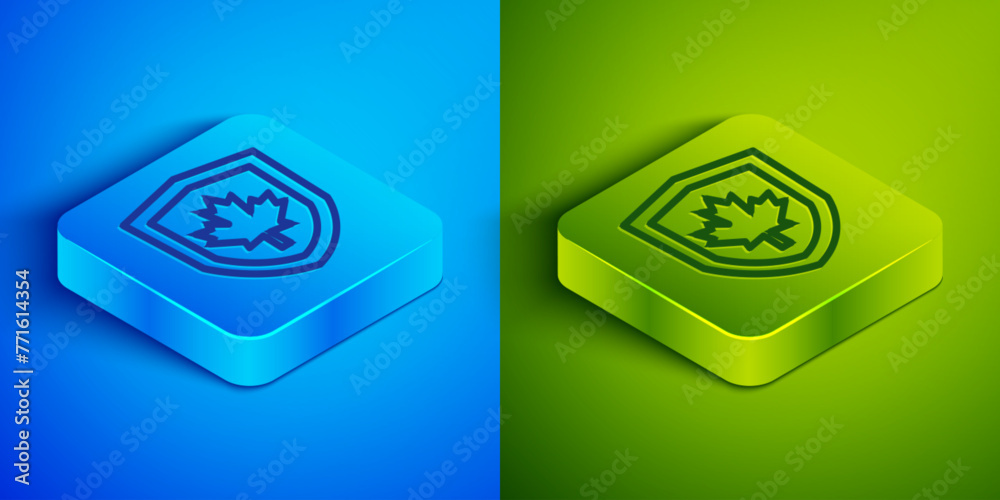Isometric line Canada flag on shield icon isolated on blue and green background. Square button. Vector Isometric line Canada flag on shield icon isolated on blue and green background. Square button. Vector
