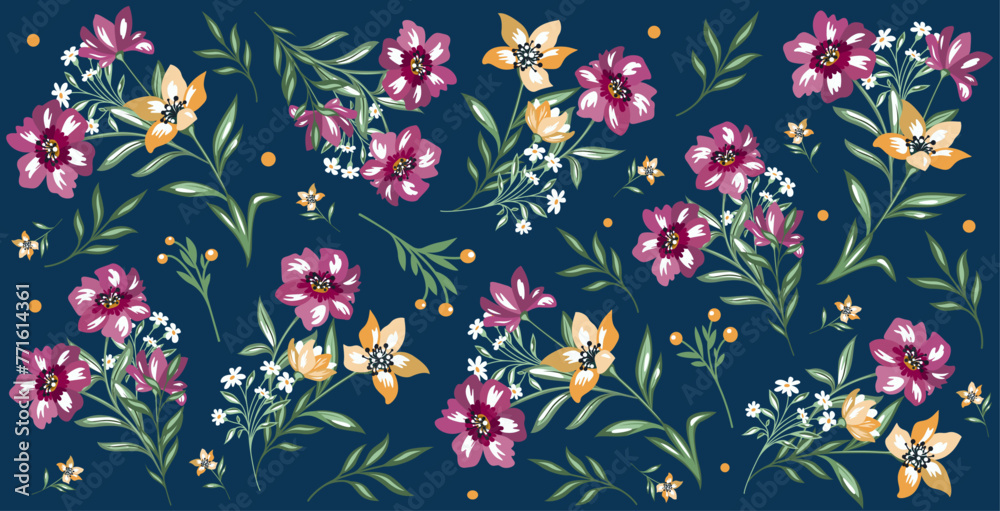 Fototapeta premium Elegant beautiful pattern of flowers and branches in vector, flat style.