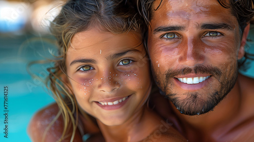 Portrait of a smiling man and young girl with wet hair, likely family, enjoying time together by a pool, showcasing happiness and bonding.