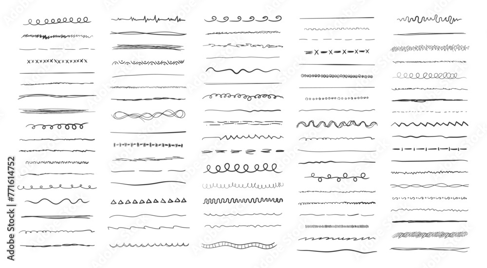 Set of wavy horizontal lines. Set of art brushes for pen. Marker hand-drawn line border set and scribble design elements. Hand drawn grunge brush strokes. Vector illustration - obrazy, fototapety, plakaty 