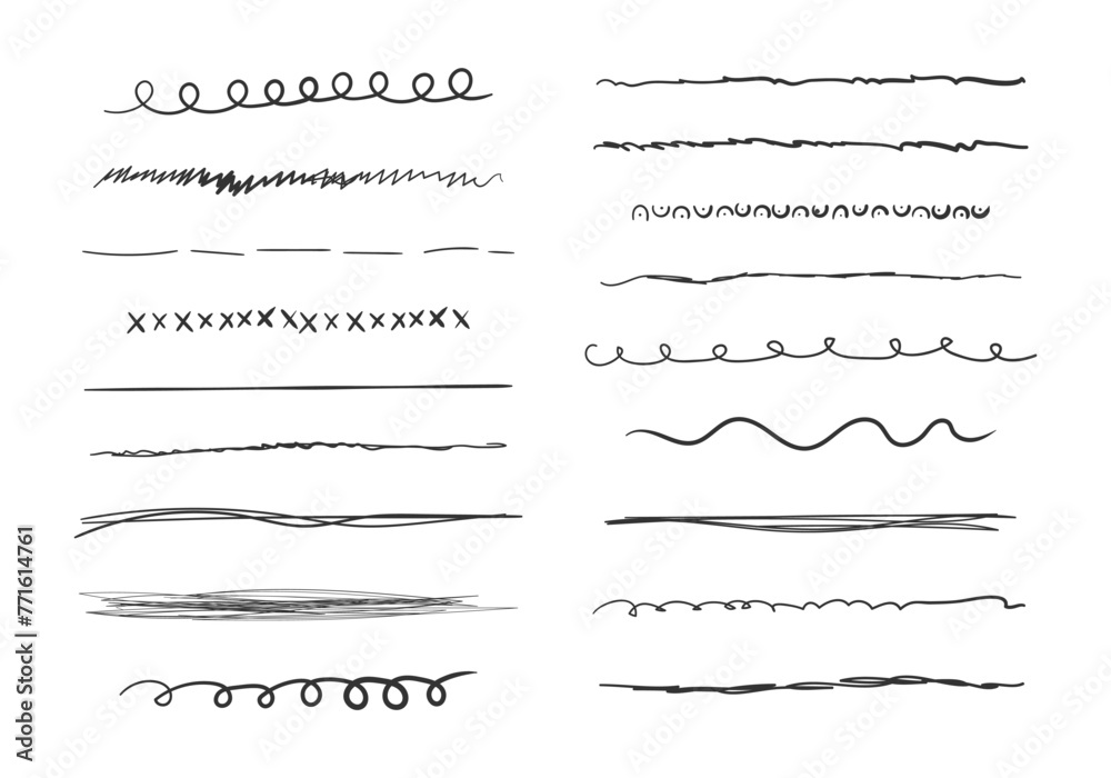Set of wavy horizontal lines. Set of art brushes for pen. Marker hand-drawn line border set and scribble design elements. Hand drawn grunge brush strokes. Vector illustration