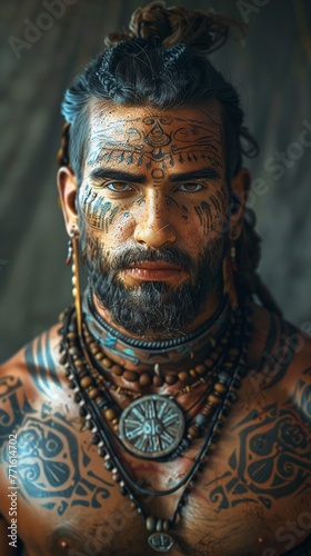 Portrait of a person with traditional tribal tattoos