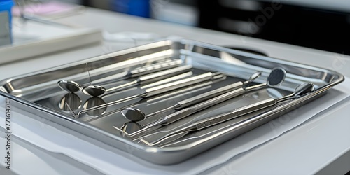 Dental instruments on a tray in a dental clinic ready for use before a dental procedure. Concept Dental clinic, Dental instruments, Oral health, Professional tools, Procedure preparation