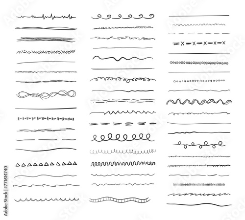 Set of wavy horizontal lines. Set of art brushes for pen. Marker hand-drawn line border set and scribble design elements. Hand drawn grunge brush strokes. Vector illustration