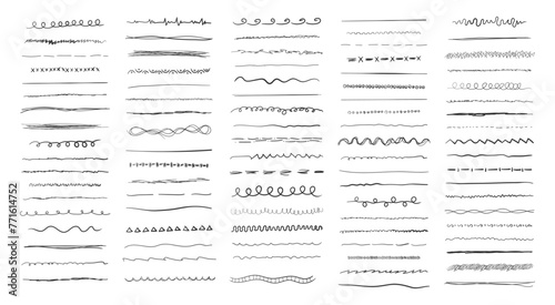 Set of wavy horizontal lines. Set of art brushes for pen. Marker hand-drawn line border set and scribble design elements. Hand drawn grunge brush strokes. Vector illustration