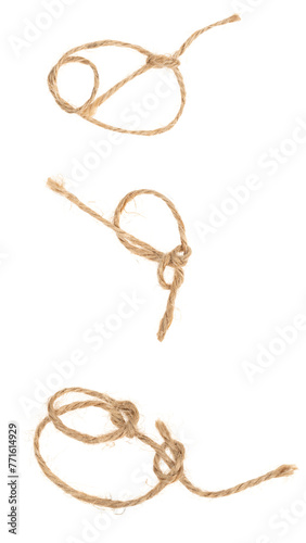 Сollage piece of brown twine isolated on white background. set jute rope