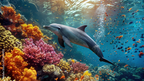 A dolphin gracefully swims over a vibrant coral reef, showcasing the beauty of marine life in its natural habitat