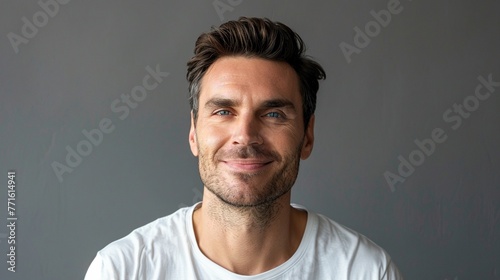 Contrast of Emotion Depict the smile man in a white tshirt, eye focus front against on gray background,handsome,soft shadows ,high detailed , hyper realistic photo