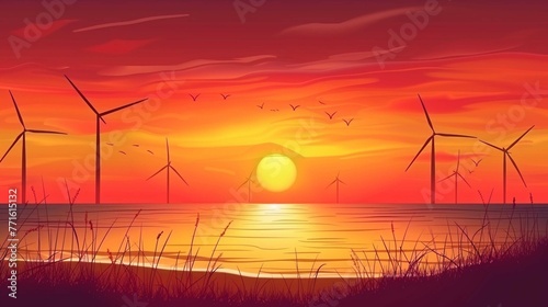 landscape background banner panorama of sunset or sunrise on the beach with black silhouette of the ocean and wind turbines