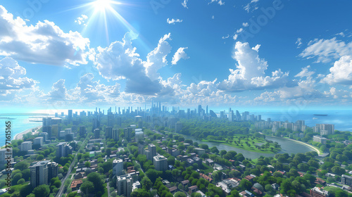 Futuristic Coastal Metropolis: Aerial View of Urban Skyline and Seascape