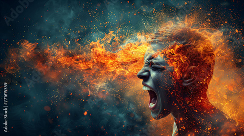 Conceptual image of a person with head exploding in fiery flames, representing anger, stress or a powerful idea. © amixstudio