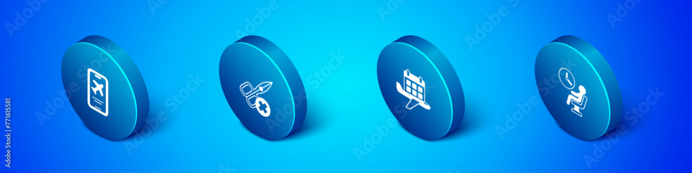 Set Isometric Mobile with ticket, Calendar and airplane, Human waiting in airport terminal and No scissors icon. Vector Set Isometric Mobile with ticket, Calendar and airplane, Human waiting in airport terminal and No scissors icon. Vector