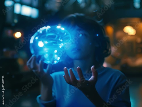 Medium shot of a kid pondering over a holographic blue brain floating above their hands