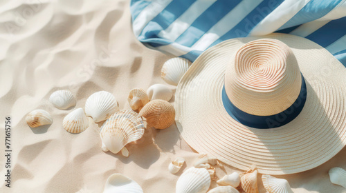 Sea beach set. Sunhat, shells and striped blue beach towel on the white sand, copy space.