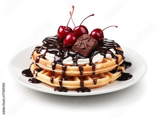 Delicious Viennese waffles topping with ripe cherry and chocolate bars on white plate, isolated on white, close-up.