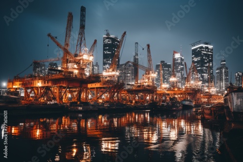 the atmospheric essence of an offshore oil rig platform at dusk, highlighting the juxtaposition of industrial infrastructure against the expansive ocean backdrop