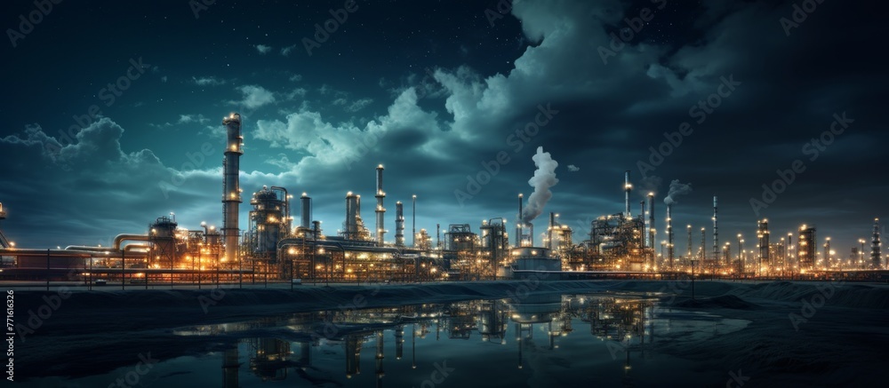 The towering oil refinery lights up the night sky, casting reflections in the water below. The cityscape is transformed by the glowing atmosphere