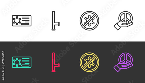 Set line Police badge, rubber baton, Protest and Peace on black and white. Vector