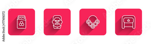 Set line Jar of honey, Joseph Stalin, Russian bagels and Ushanka with long shadow. Red square button. Vector