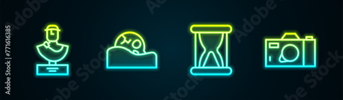 Set line Ancient bust sculpture, Human skull, Old hourglass with sand and Photo camera. Glowing neon icon. Vector