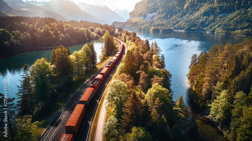 A train moves along tracks surrounded by dense, green foliage in a vibrant forest setting - obrazy, fototapety, plakaty 