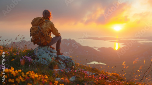 Traveler with backpack sitting on a mountain top at sunset, overlooking a scenic lake view.