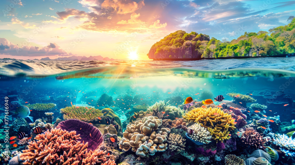 Coral reef in foreground with small tropical island visible in the distance, showcasing underwater ecosystem and marine life