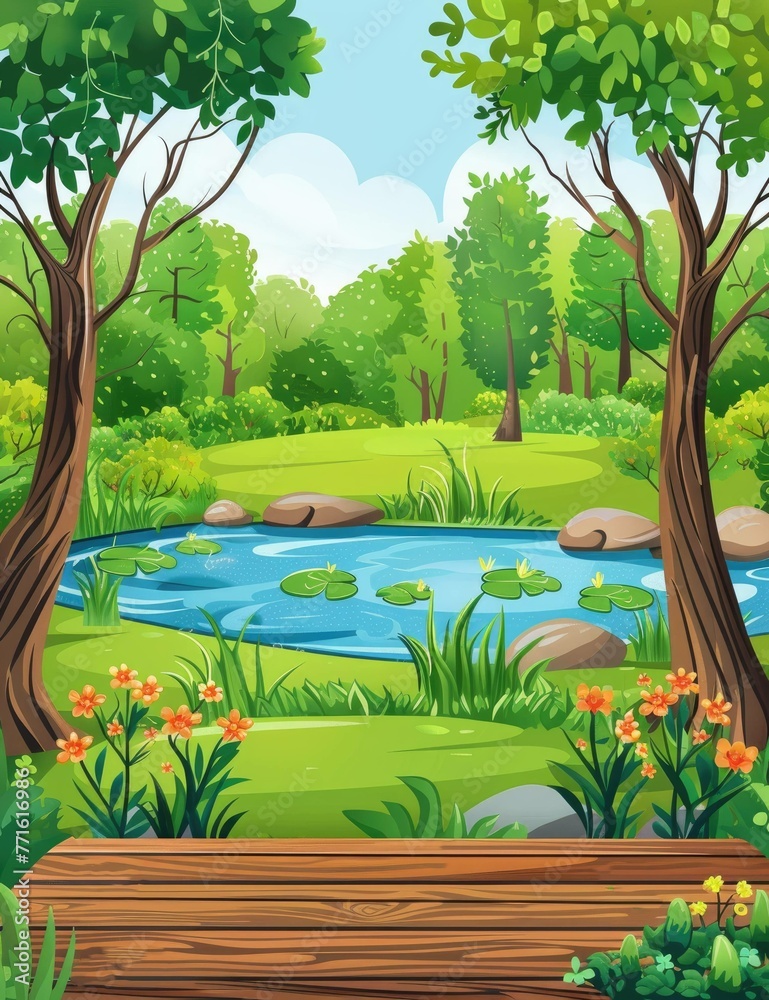 Serene Garden Pond and Lush Floral Vegetation Viewed from Wooden Deck Serene Garden Pond and Lush Floral Vegetation Viewed from Wooden Deck