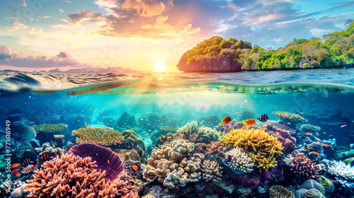 Coral reef in foreground with small tropical island visible in the distance  showcasing underwater ecosystem and marine life
