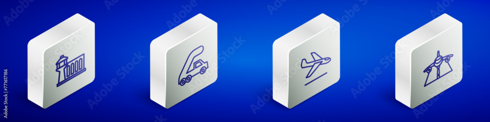Set Isometric line Airport control tower, Passenger ladder for plane boarding, Plane landing and icon. Vector Set Isometric line Airport control tower, Passenger ladder for plane boarding, Plane landing and icon. Vector