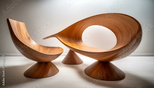 simple, functional wooden furniture made from teak and curved designs against a white background AI Generated